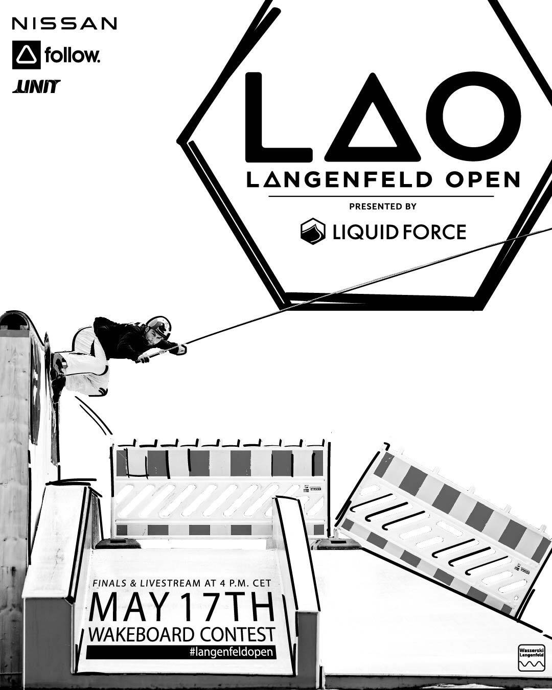 Wakeboarder in air, obstacles below, "LAO Langenfeld Open" logo, "May 17th Wakeboard Contest" text.