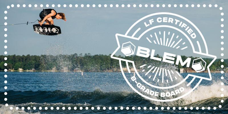 Wakeboarder doing an aerial trick over water with “BLEM” badge overlay.
