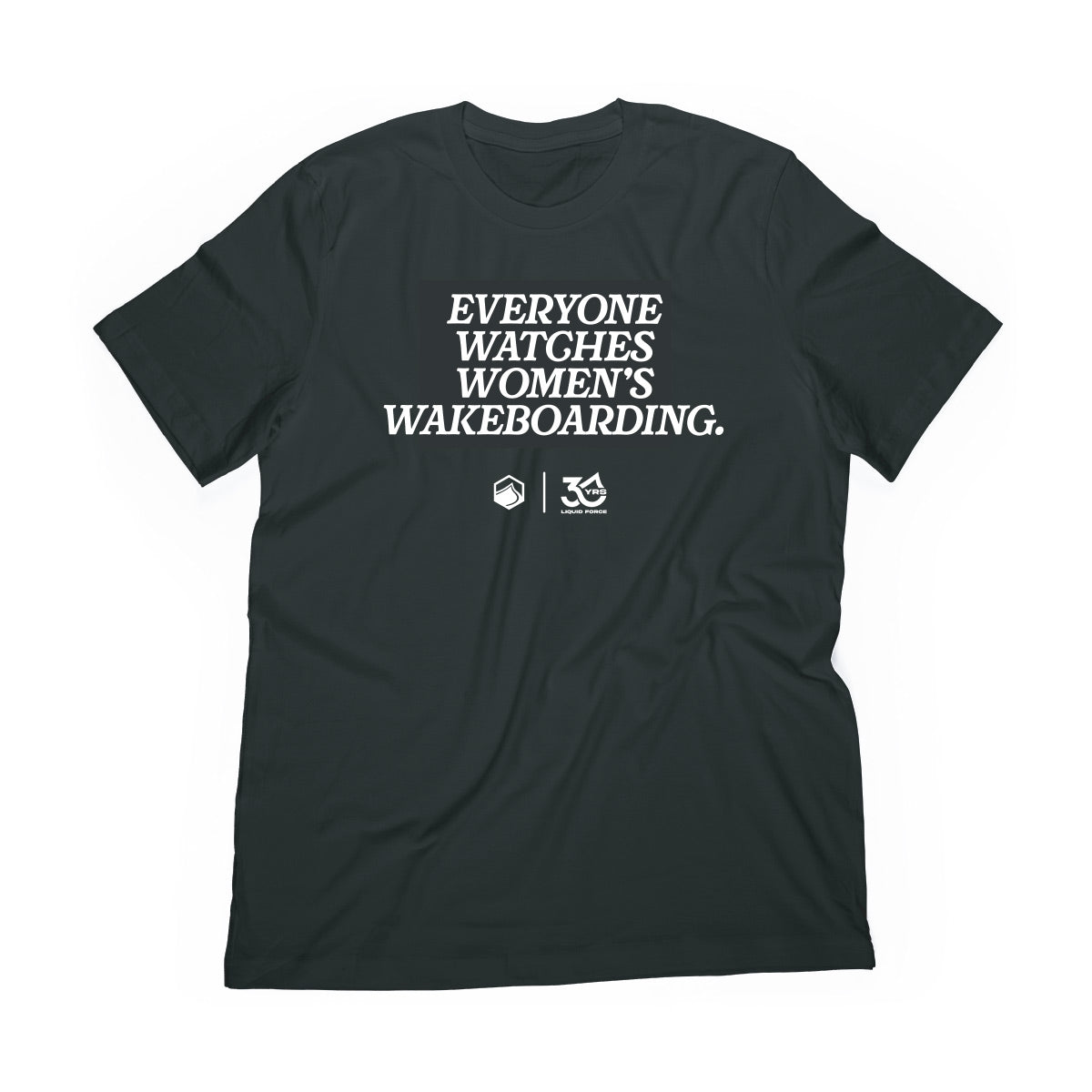 Front view of Women's Wakeboarding Tee with white statement graphic and logo on black fabric.