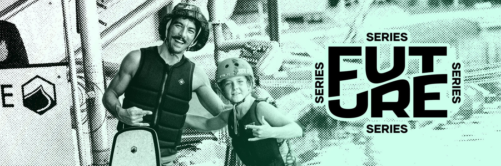 Adult wakeboarder wearing a black life vest holding a white and black wakeboard posing with a youth wakeboarder ready to go ride on the water with "Future Series" branding.