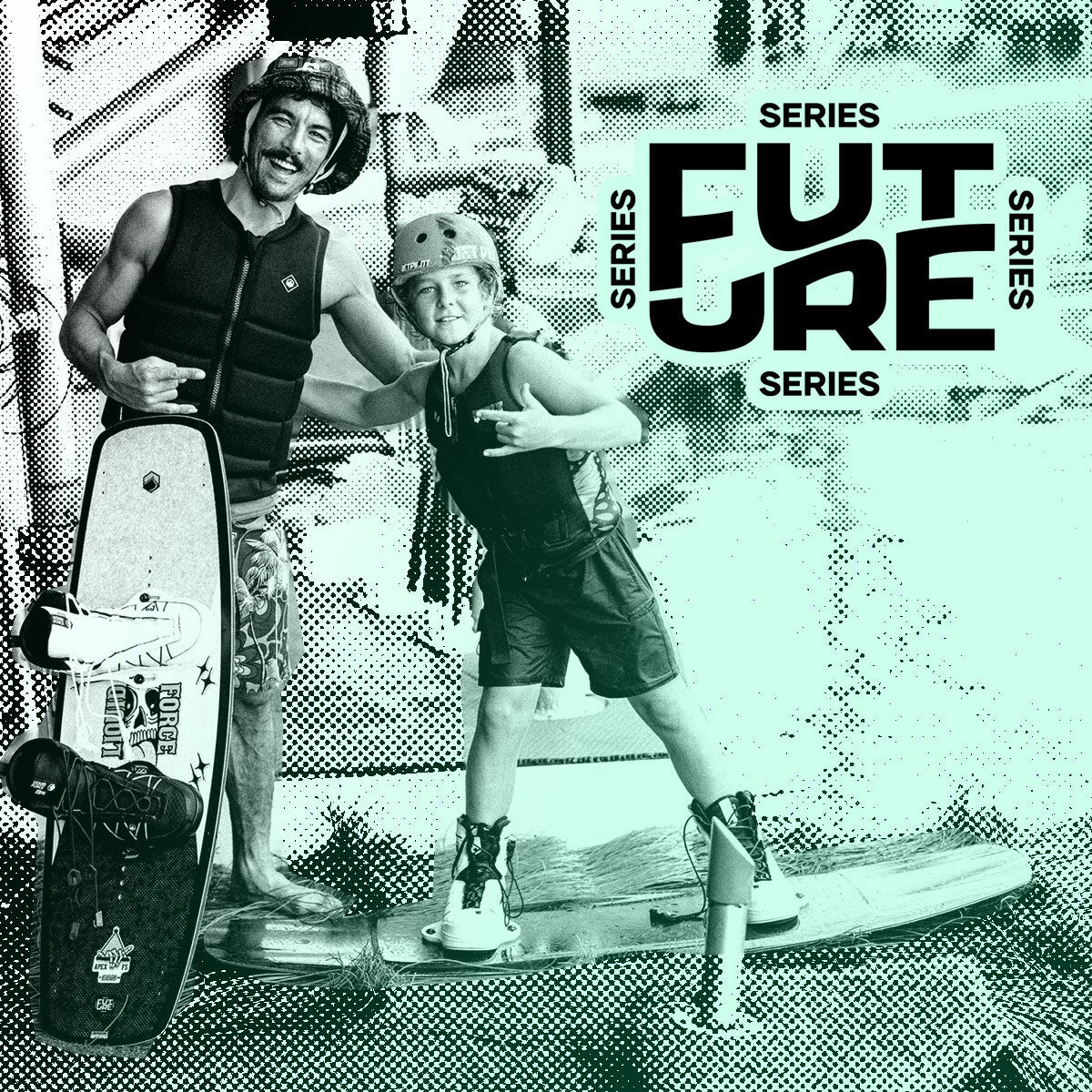 Adult wakeboarder wearing a black life vest holding a white and black wakeboard posing with a youth wakeboarder standing on a wakeboard ready to go ride on the water with "Future Series" branding.