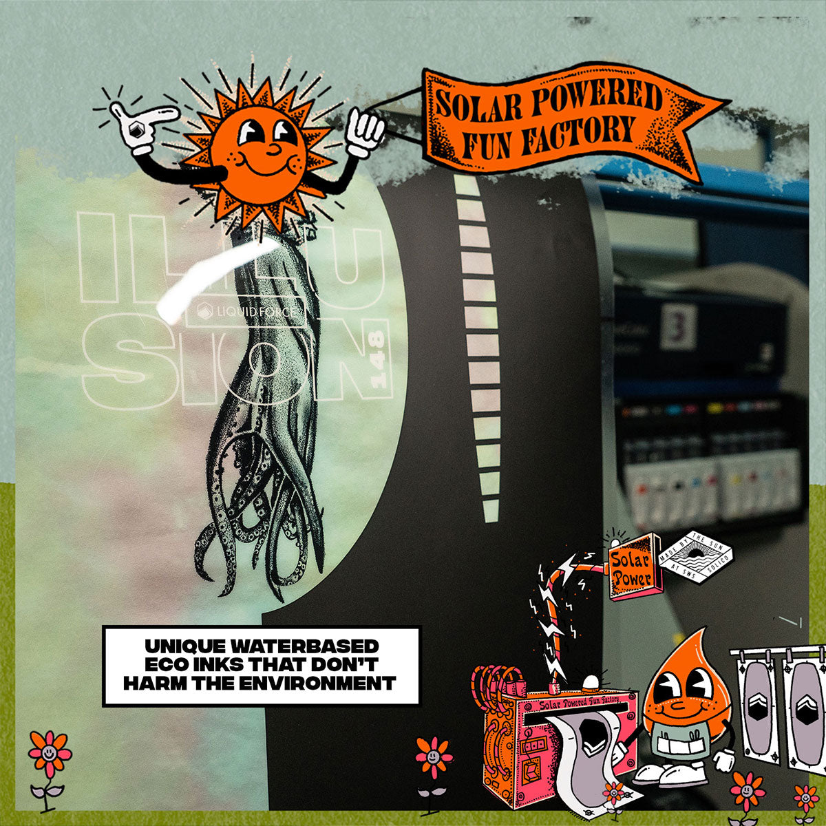 Image of an ink printer with "Sun powered fun factory" orange logo with a cartoon sun showing that we use unique waterbased eco inks that don't harm the environment