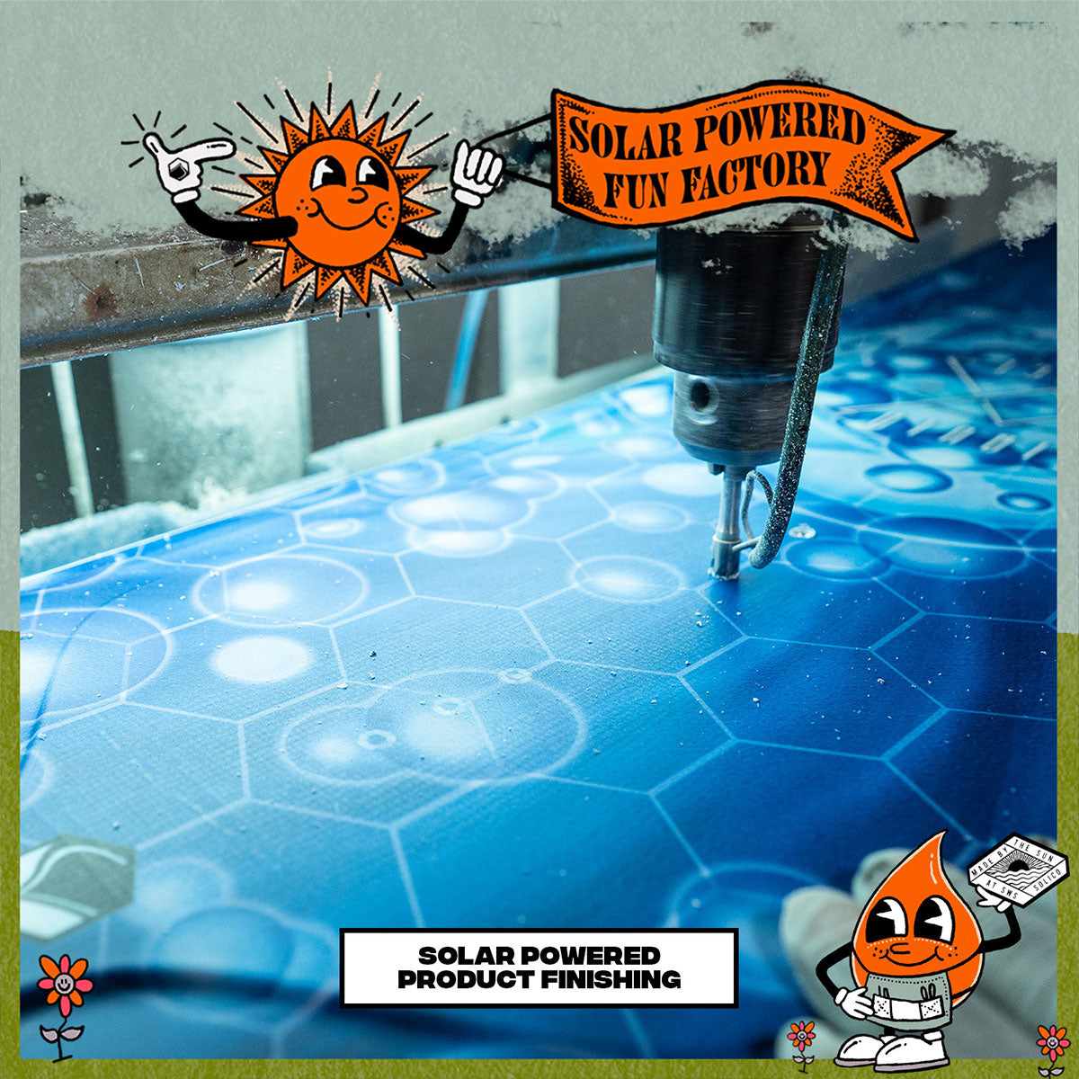 CNC machine cutting acrew holes into a blue wakeboard with solar panel and cartoon sun character, labeled 'Solar Powered Fun Factory'.