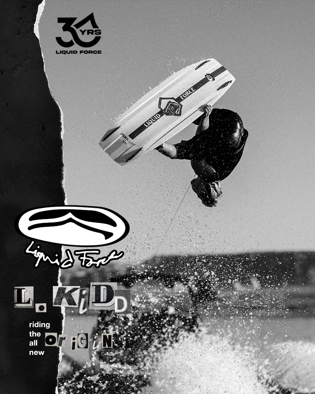 Black and white image of a person wakeboarding with Liquid Force branding.