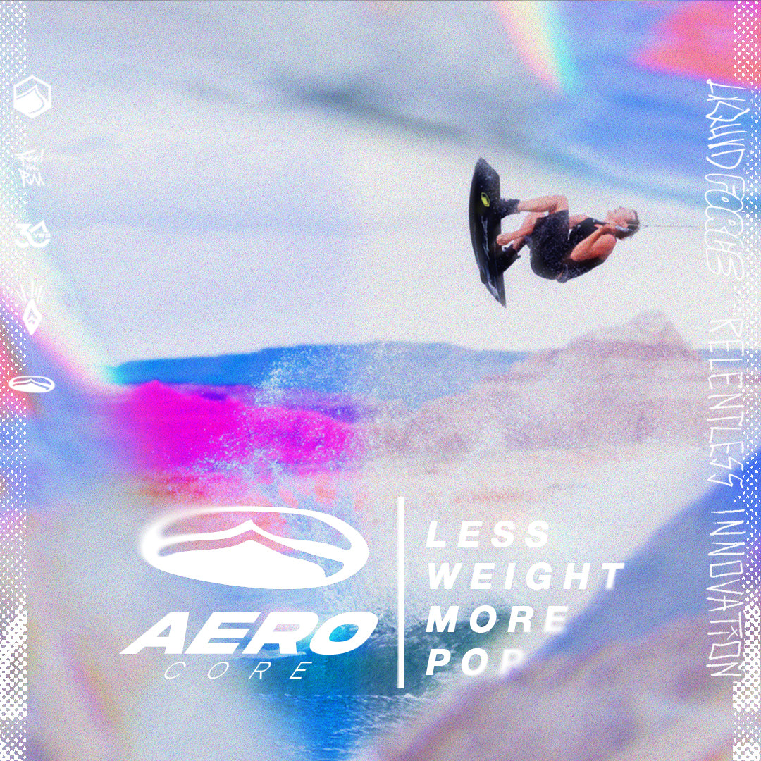 Rider flips on a board over water with Aero Core less weight, more pop graphic.