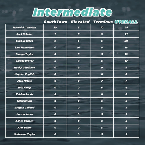 Table of scores for intermediate category with columns labeled SouthTown, Elevated, Terminus, and Overall.
