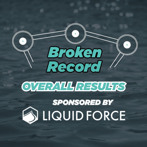 Text overlay on a water background with 'Broken Record' and 'Liquid Force' branding.