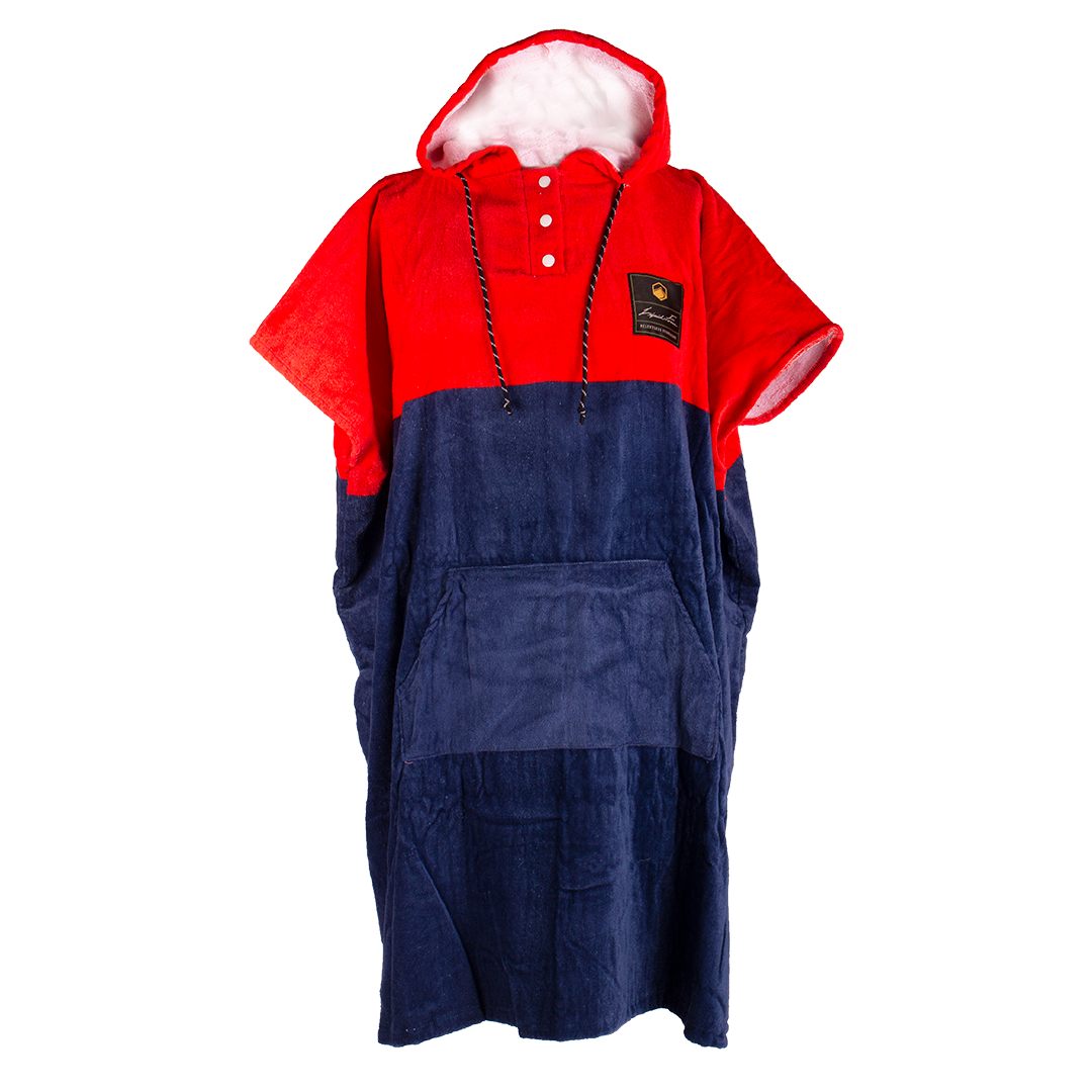 Block Changer Towel: Red/blue, hooded, front buttons, chest patch.