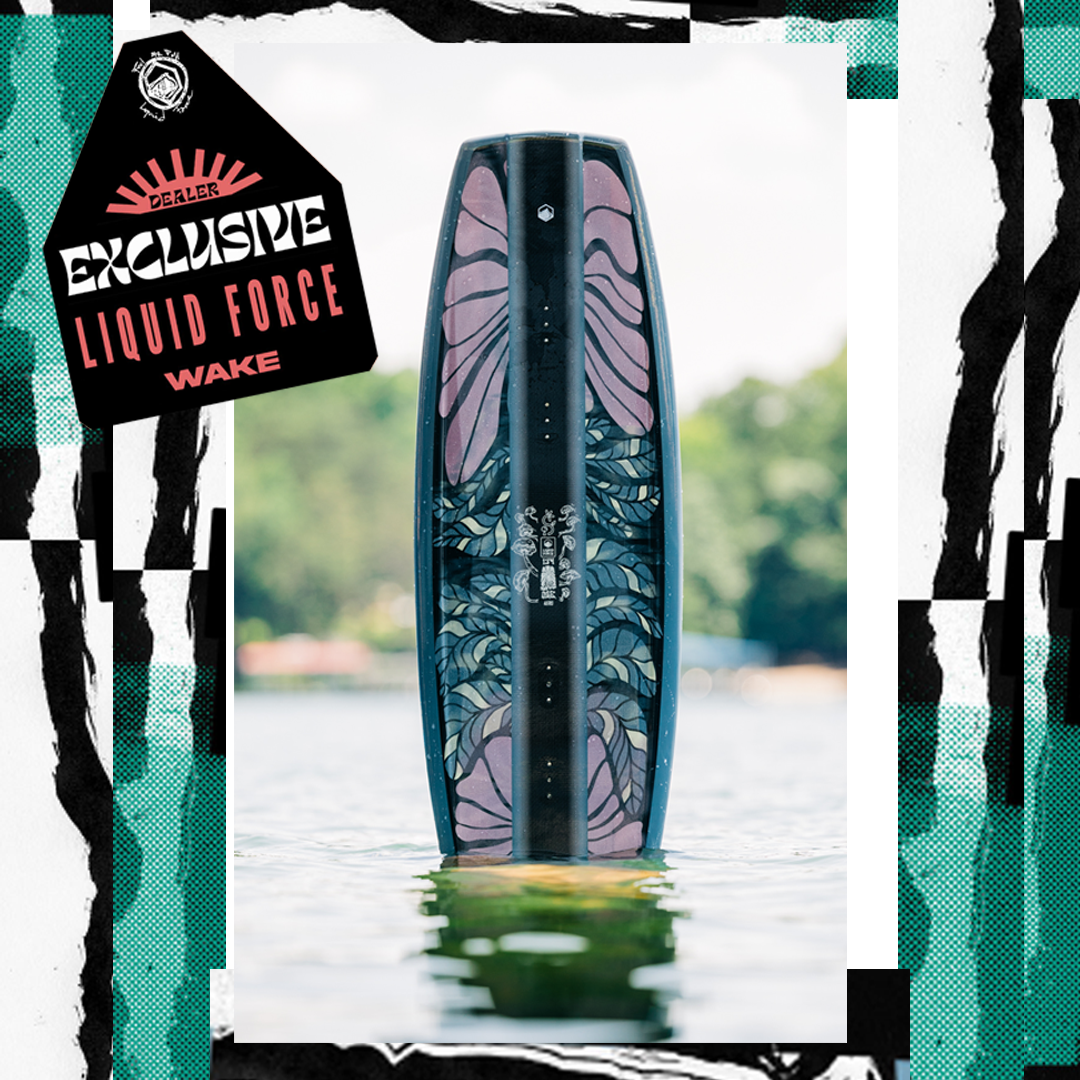 Dealer exclusive Liquid Force wakeboard floats upright in lake water.