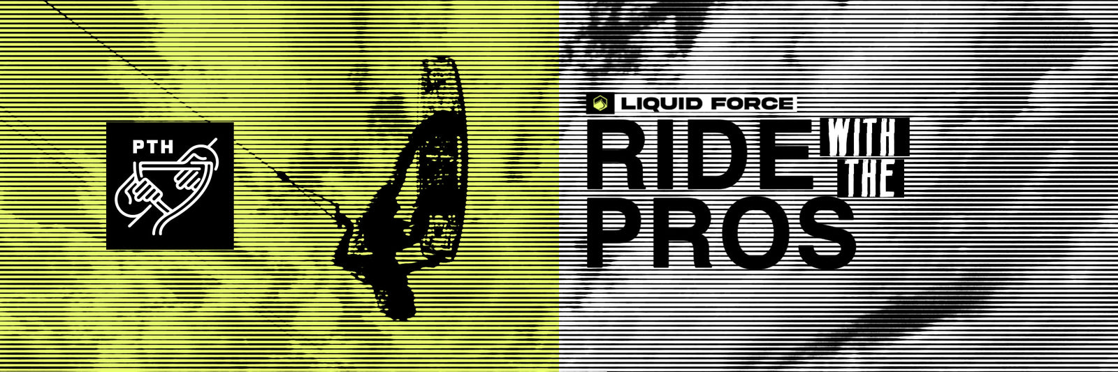 Promotional banner for Liquid Force kiteboarding with text 'Ride with the Pros' and a logo on a dynamic background.