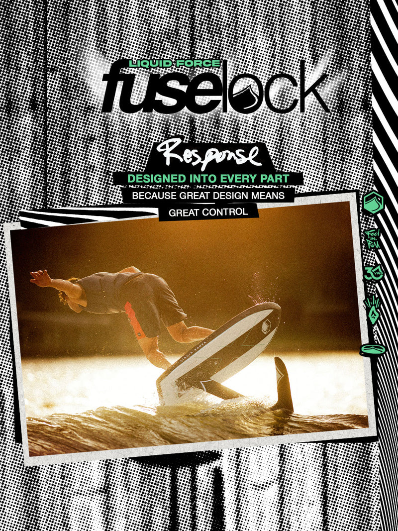Person foiling with Liquid Force Fuseock Response branding on a textured background