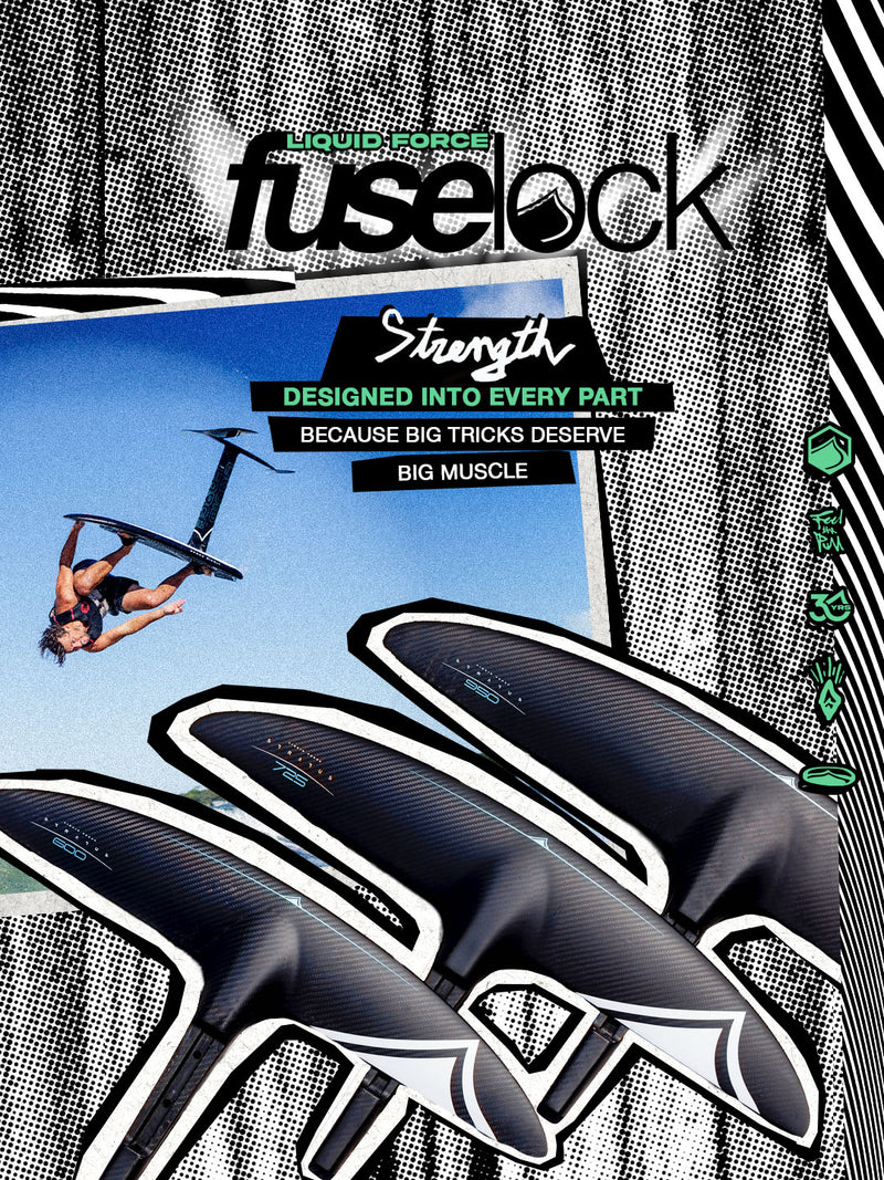 Liquid Force FuseLock foil with promotional text and graphics on a black and white patterned background.