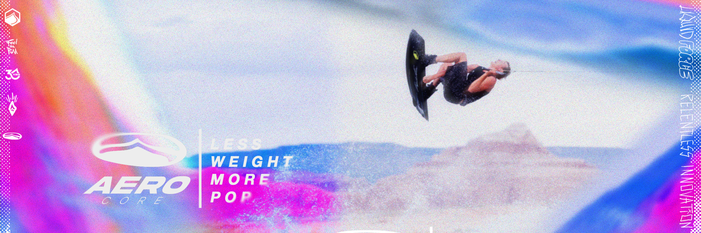 Rider flips on a board over water with Aero Core less weight, more pop graphic.