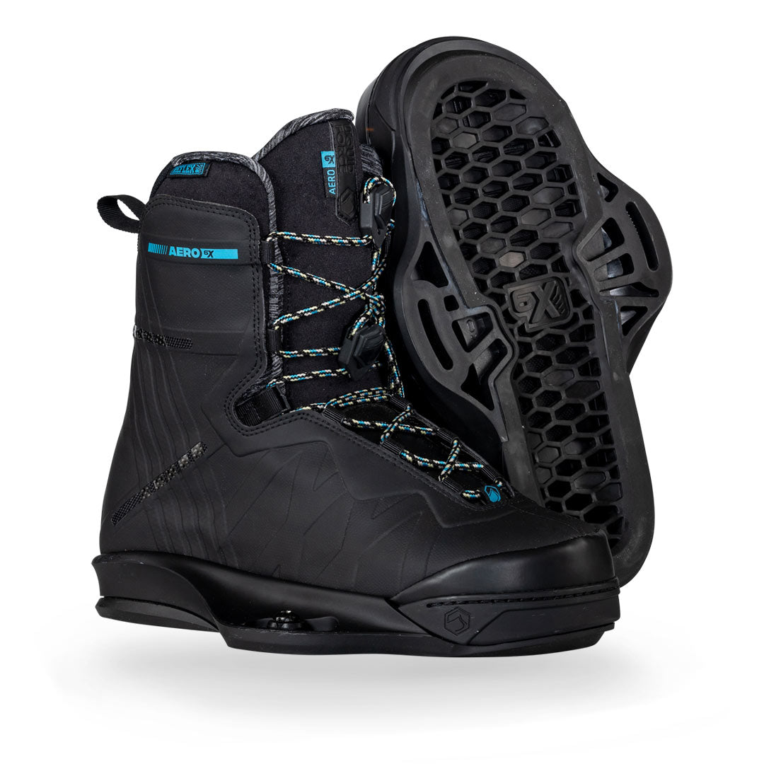 Pair of 24 AERO 6X boots: Black with blue accents and textured soles, ideal for winter adventures.
