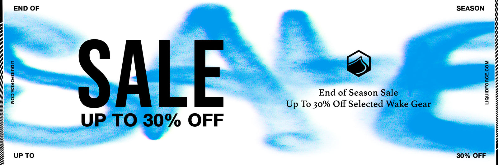 Promotional banner for an end of season sale with blue abstract design and text.