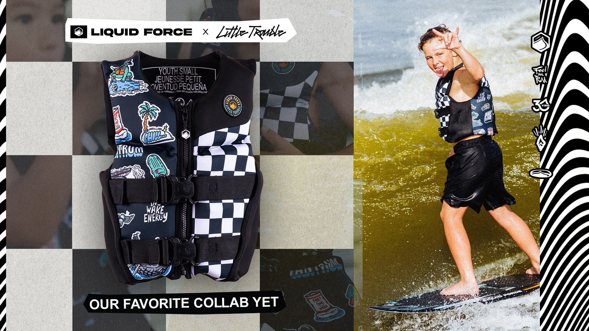 Little Trouble Youth CGA vest with cartoon print and checkered panel on a checkered background.
