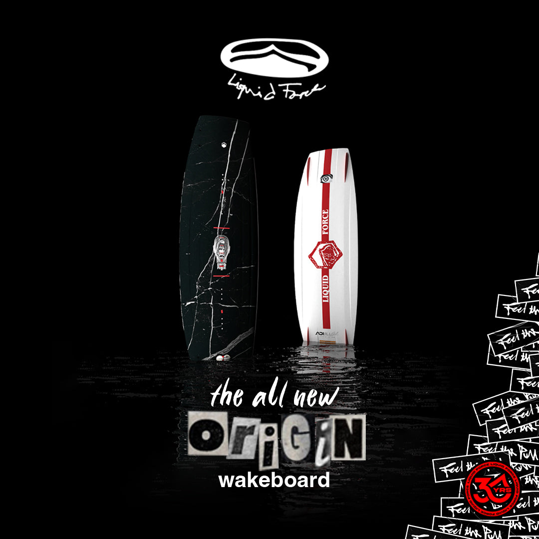 Wakeboard and red and white board with 'Liquid Force' branding on a black background.