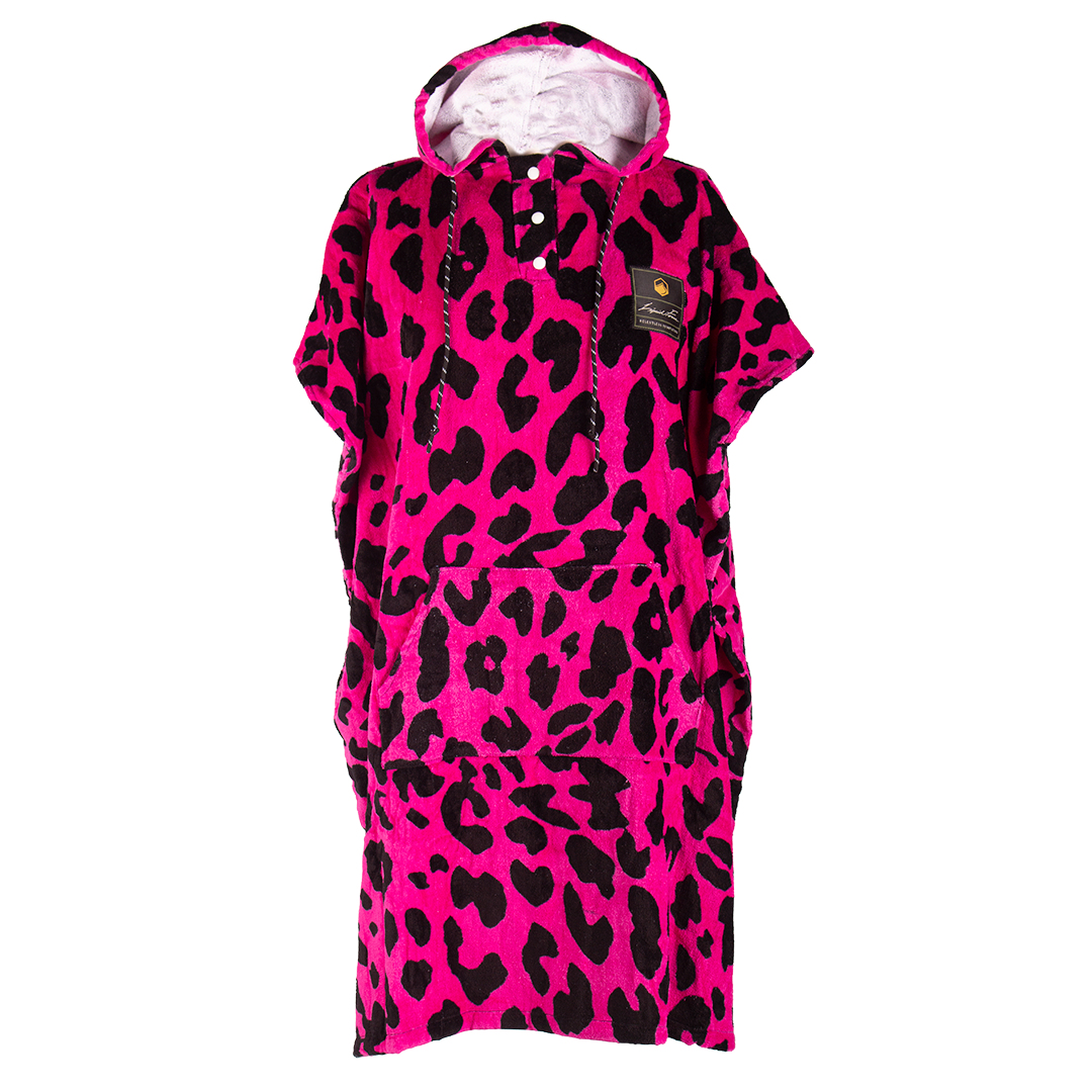 Pink &amp; black leopard print Punk Changer Towel with a hood and pocket.