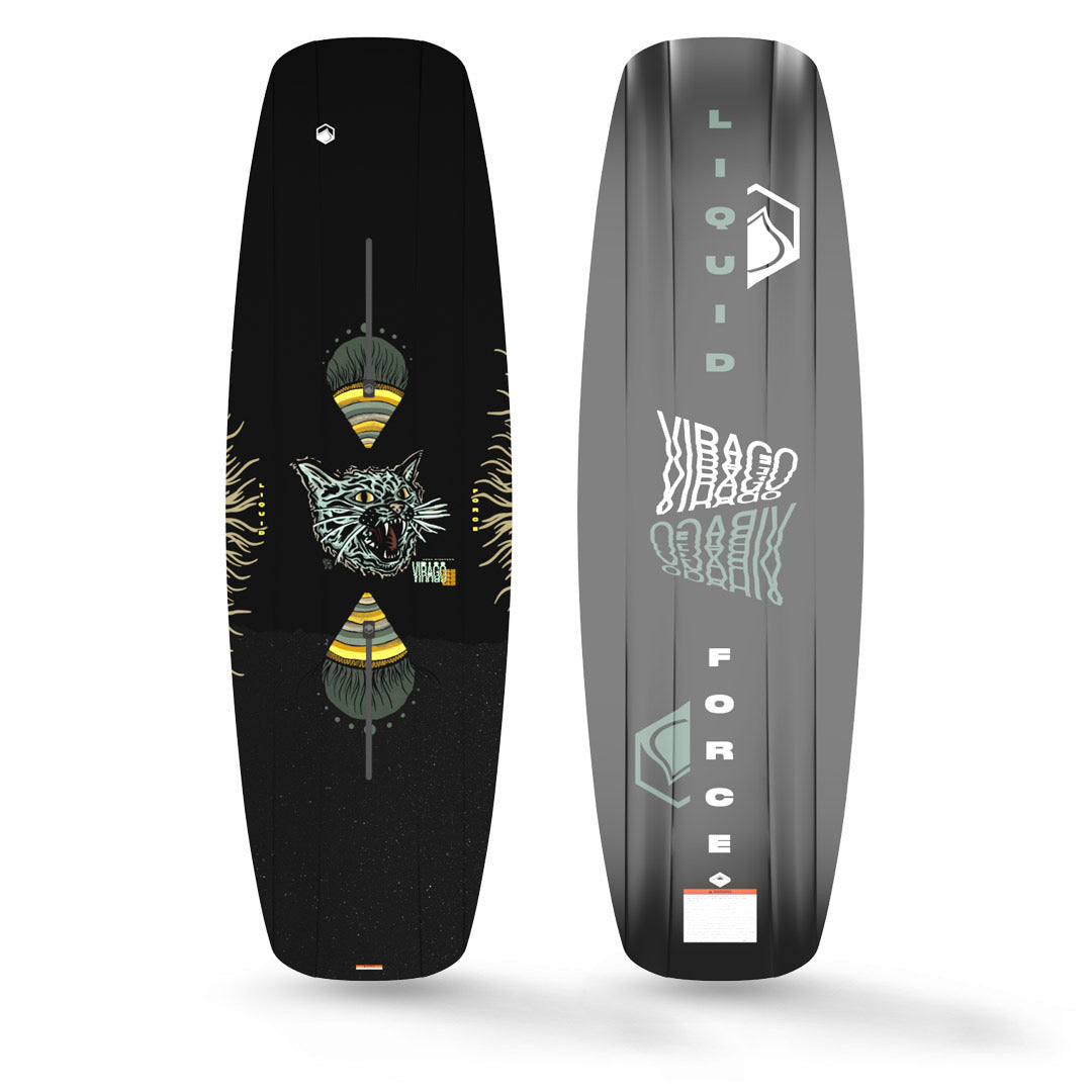 Top and Bottom View of 24 Virago LTD wakeboards feature black and gray designs with striking graphics.