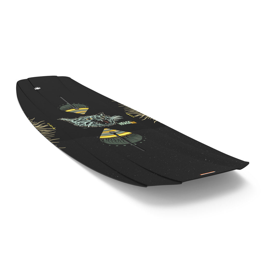 Front angled view of 24 Virago LTD: black wakeboard with colorful geometric graphics.