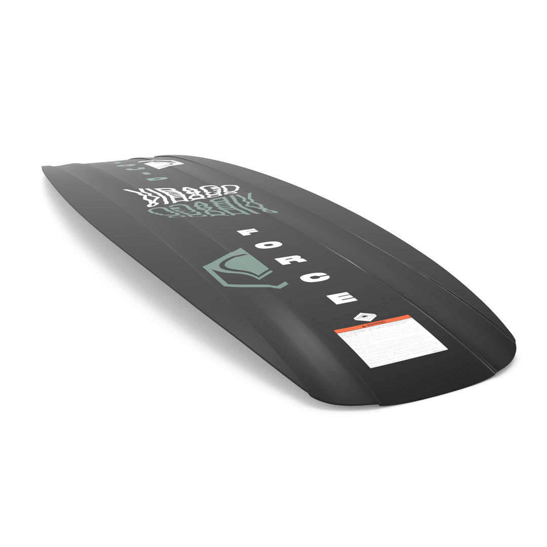 Bottom angled view of Virago LTD wakeboard with geometric design in black.