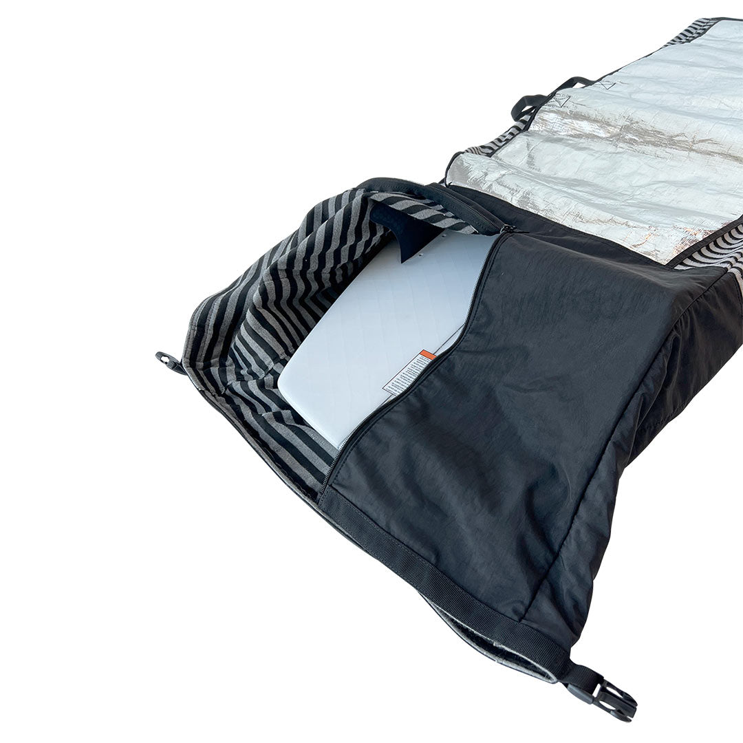 Unzipped side view of the 24 Solar Shield Surf Sock in large with reflective silver material.