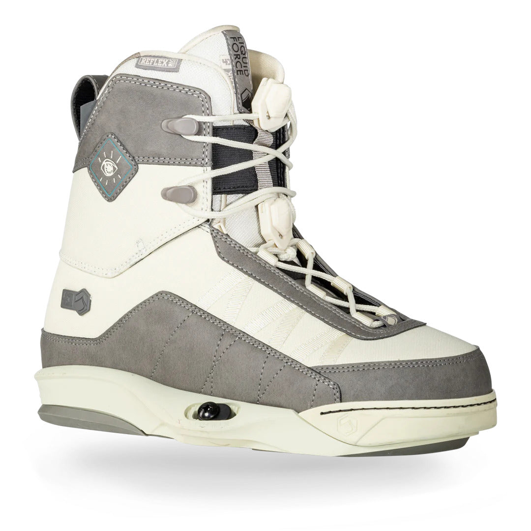 Front angled view of 23 Peak 4D boots in gray and white with laces and hook details.