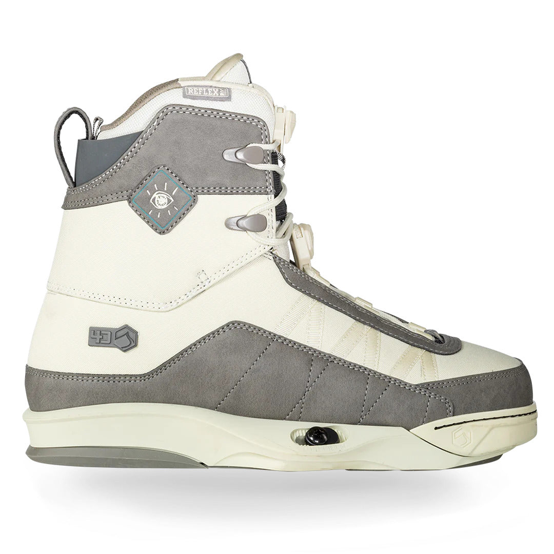 Side profile view of 3 Peak 4D: Gray/white wakeboard boots with laces &amp; metal accents.