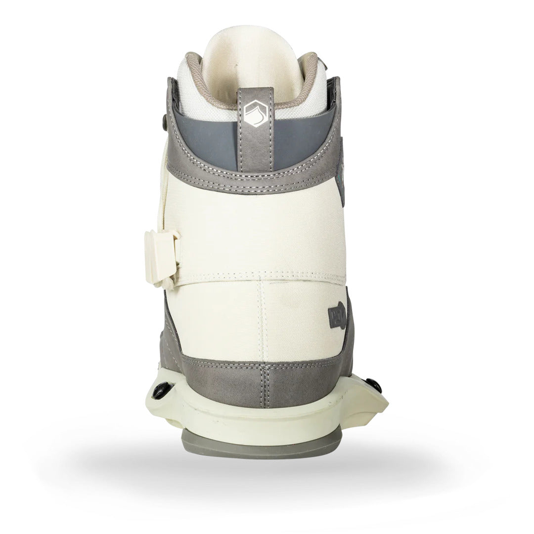 Rear view of 23 Peak 4D: Gray and white bindings on a pristine white background.