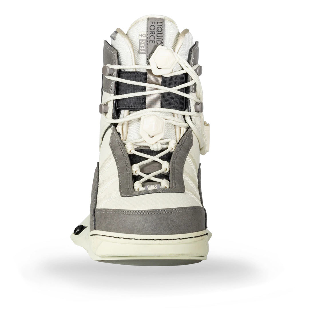 Front view of 23 Peak 4D boot in white and gray with laces and buckles.