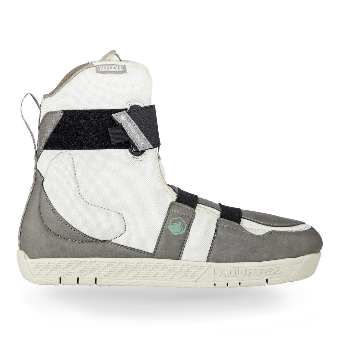Side profile view of 23 Peak 4D Wakeboard Boot Liners: gray/white with black straps and logo on the sole.