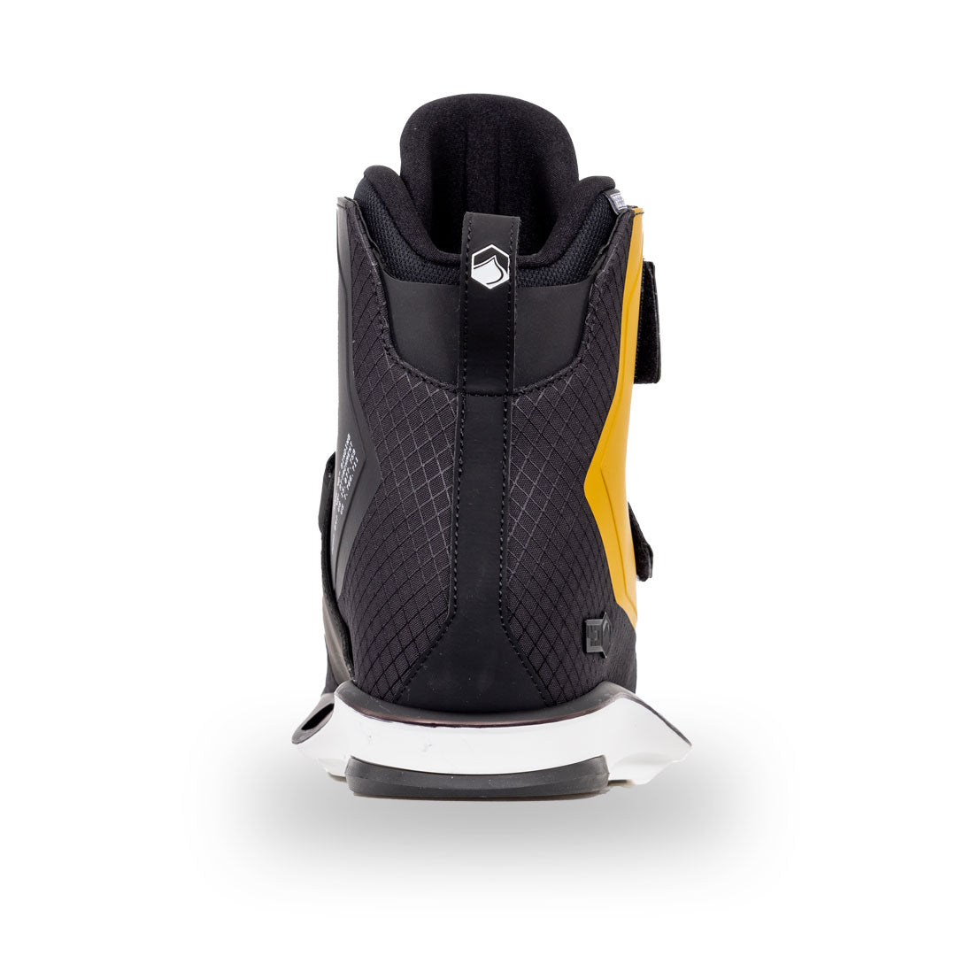 Rear view of 24 Hook 4D wakeboard boot in black/yellow, with rear view and white sole.