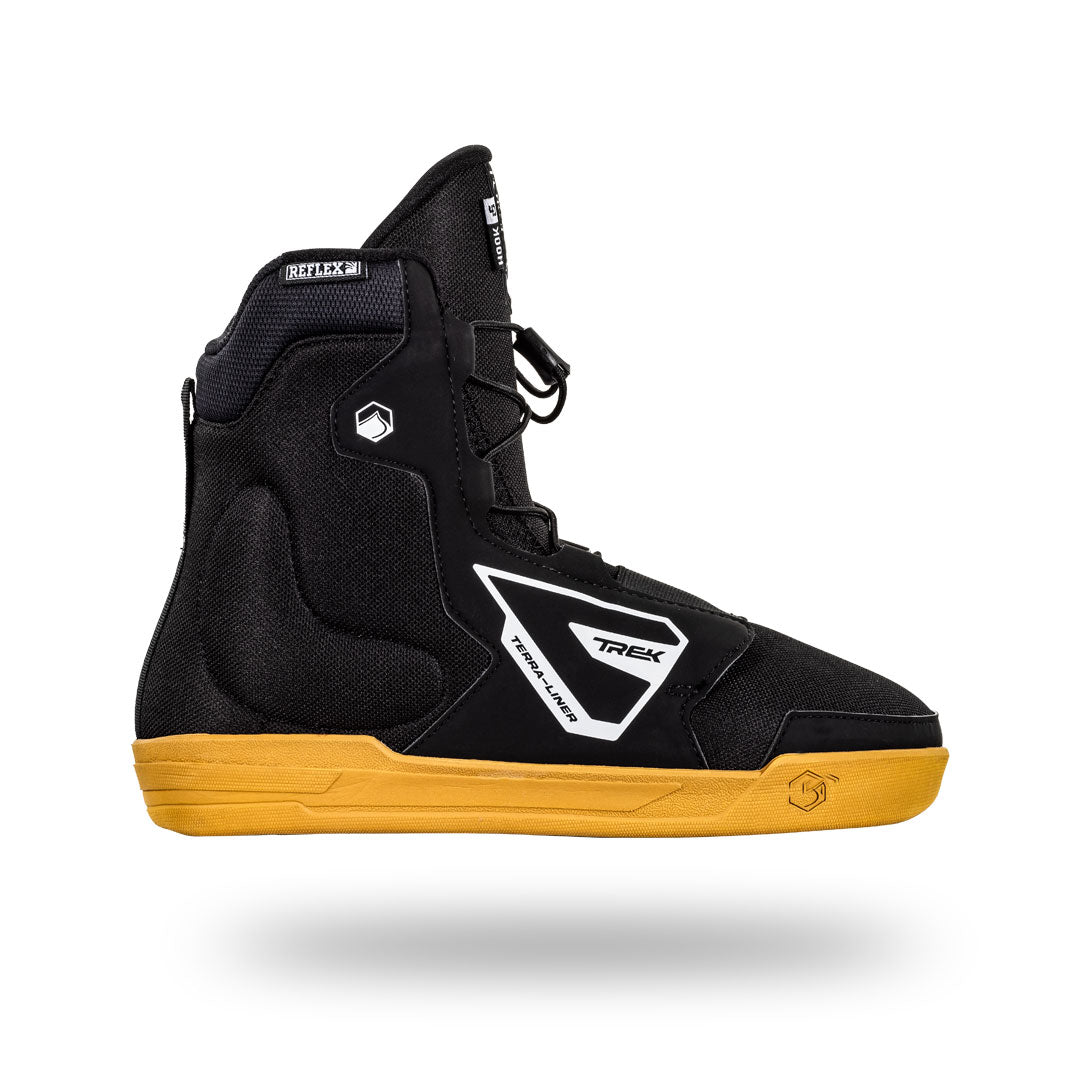 Side profile view of 24 Hook 4D boots in yellow and black with white accents float on a white background.