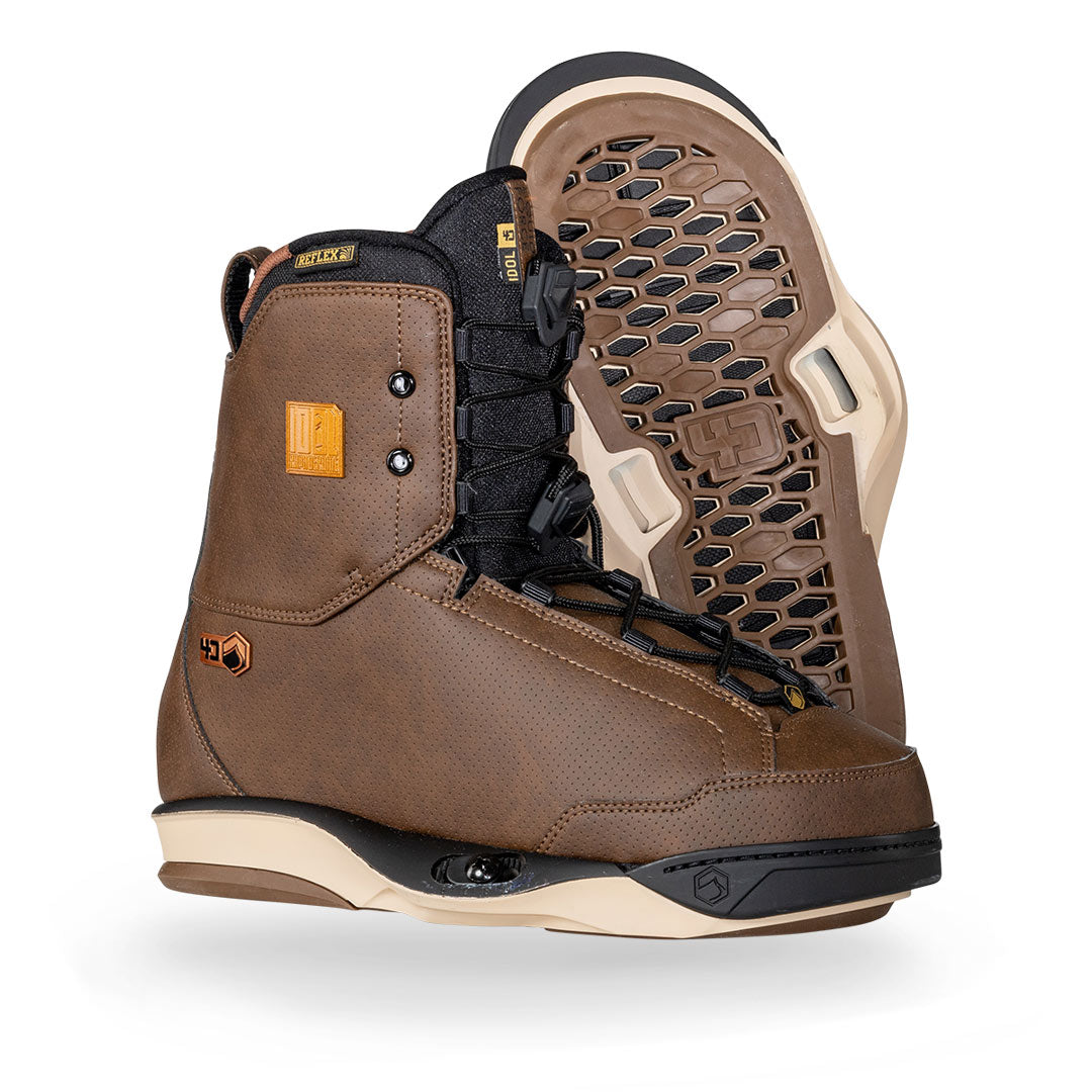 Pair of 24 Idol 4D bindings: brown with black laces and a textured sole.