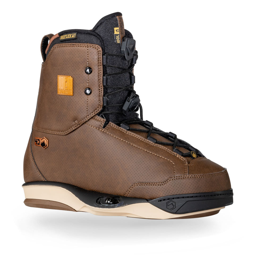 Front angled view of 24 Idol 4D: Brown boot, black laces, beige sole; ideal for wakeboard bindings.