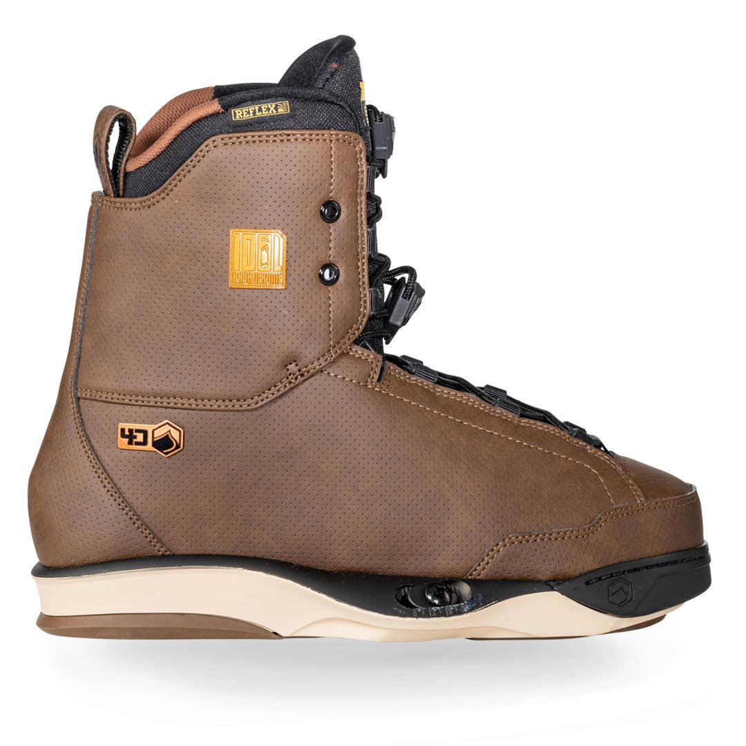 Side profile view of 24 Idol 4D: Brown lace-up boots with textured surface and black trim.