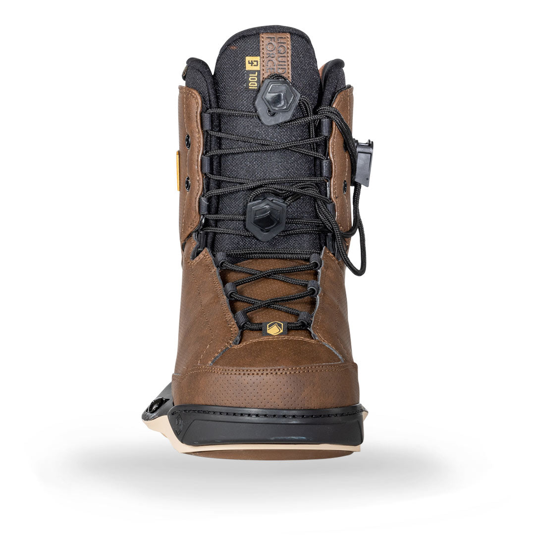 Front view of 24 Idol 4D boots: brown with black laces &amp; dial, ideal for bindings