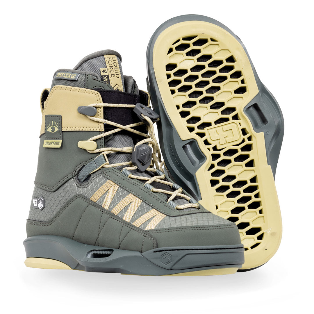 Pair of 24 Peak 4D: Green boots with yellow accents &amp; honeycomb soles for wakeboard bindings.