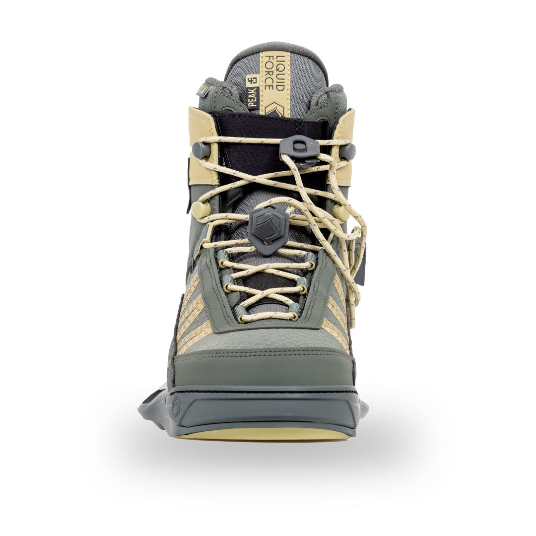 Front view of 24 Peak 4D wakeboard binding in green/beige lacing detail.