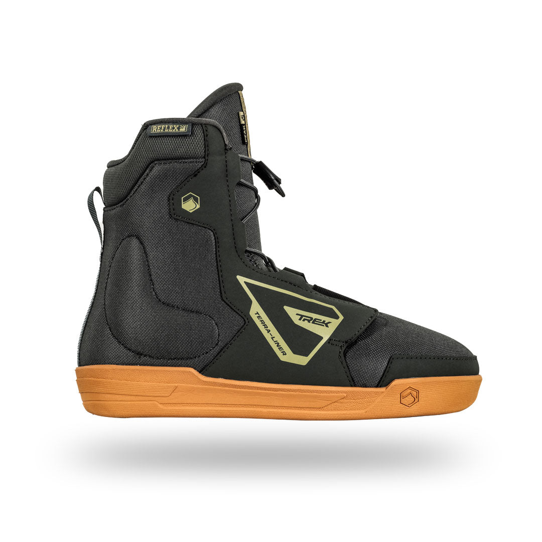 Side profile view of 24 Peak 4D Wakeboard Boots liners: Dark green with beige soles, Trek logos, and detailed ankle straps.