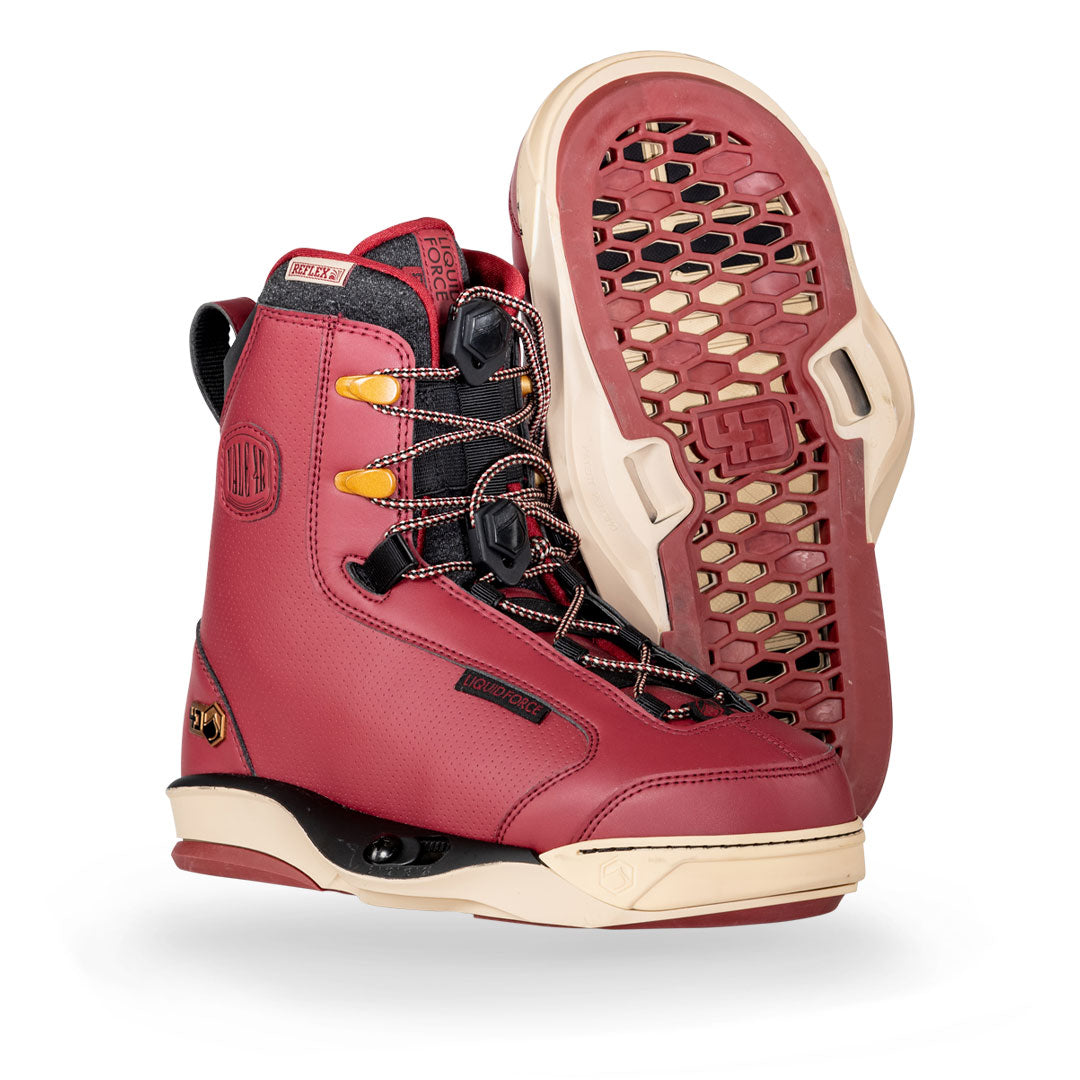 Pair of 24 Vale 4D bindings: red with black laces, honeycomb soles on white background.