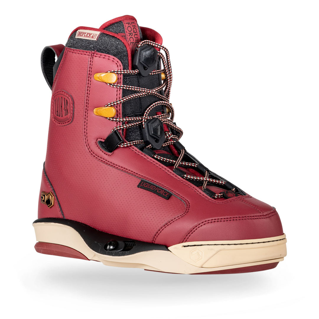Front angled view of 24 Vale 4D: Red/black wakeboard boot, yellow accents, lace-up front.
