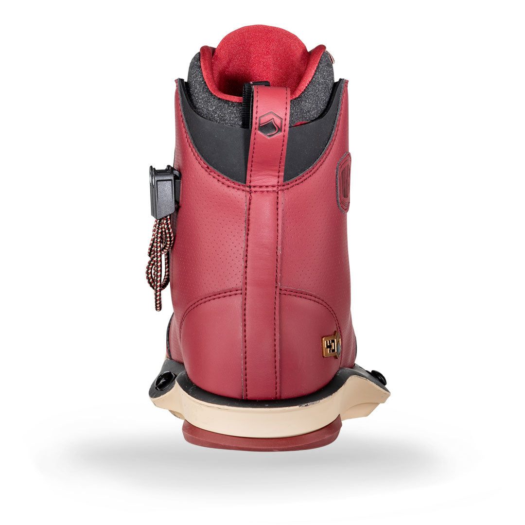 Rear view of 24 Vale 4D boots in red with a white sole and side lacing