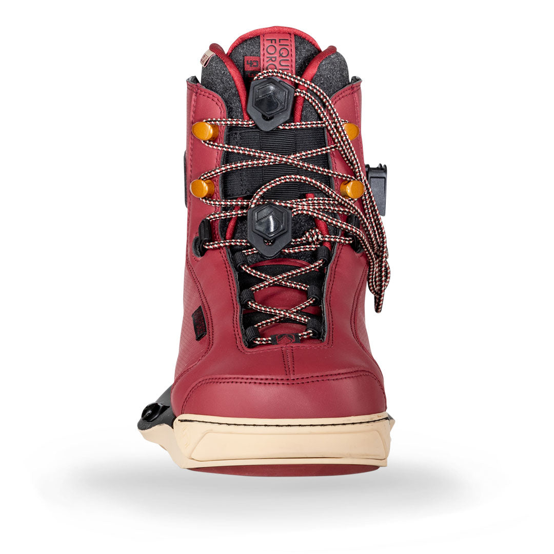 Front view of 24 Vale 4D boot has a red color, black &amp; white laces.