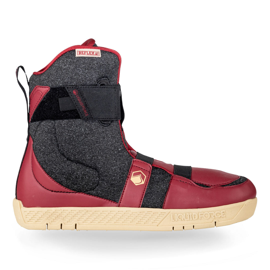 Side profile view of 24 Vale 4D Wakeboard Boot liners Red/gray, black straps, beige sole.