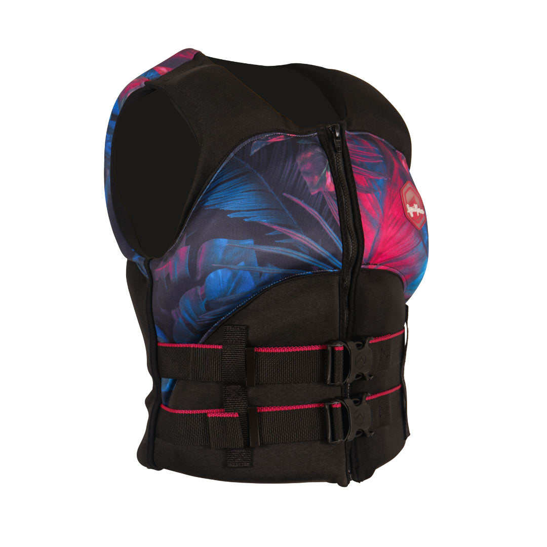 Front angled view of the 24 Womens Heartbreaker CGA with vivid pink/blue floral pattern and black buckles.