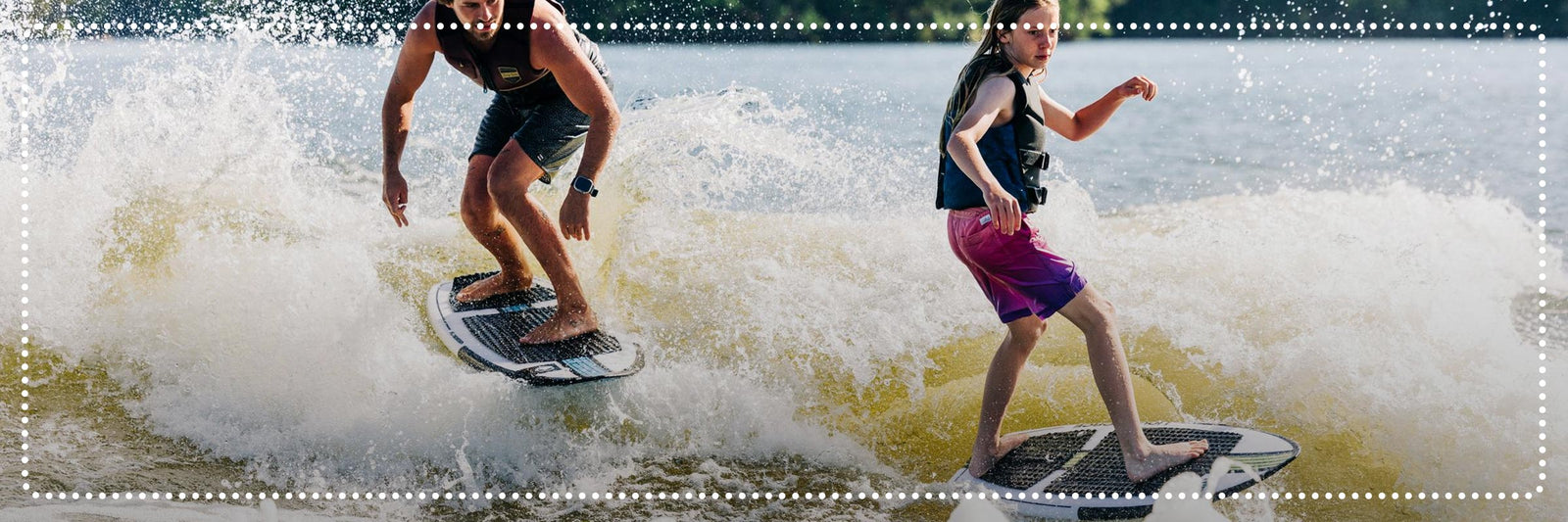 Liquid Force Clearance Wakesurf Collection - LF Athletes Harley Clifford and Hudson Haynie wakesurfing together behind a boat.