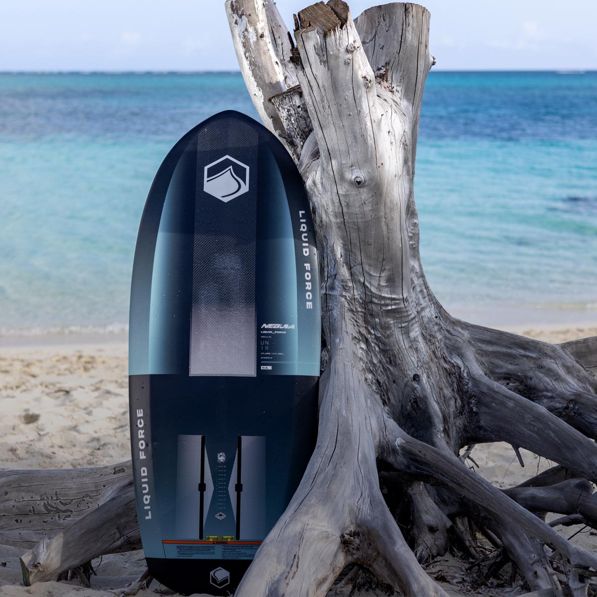 Liquid Force Foil Boards Collection - Closeup shot of LF Nebula Foil Board leaning against a tree at the beach
