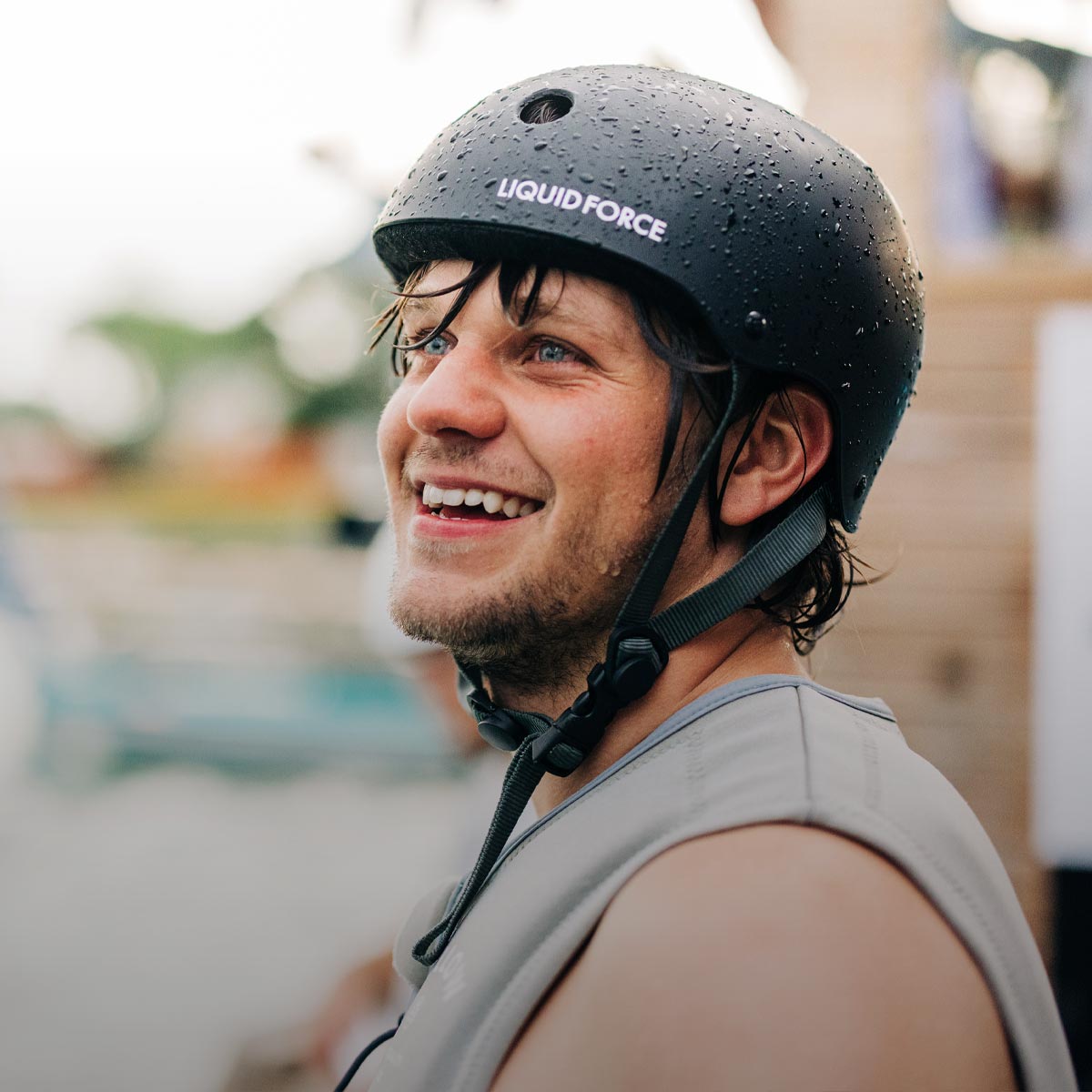 Liquid Force Helmet Collection - Closeup shot of LF Athlete Matty Muncey wearing a LF Wakeboard helmet