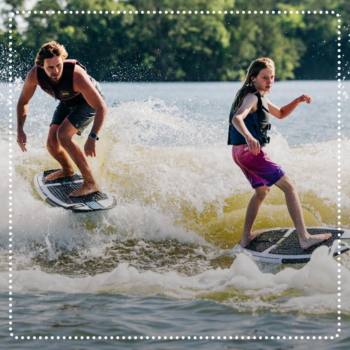 Liquid Force Clearance Wakesurf Collection - LF Athletes Harley Clifford and Hudson Haynie wakesurfing together behind a boat.